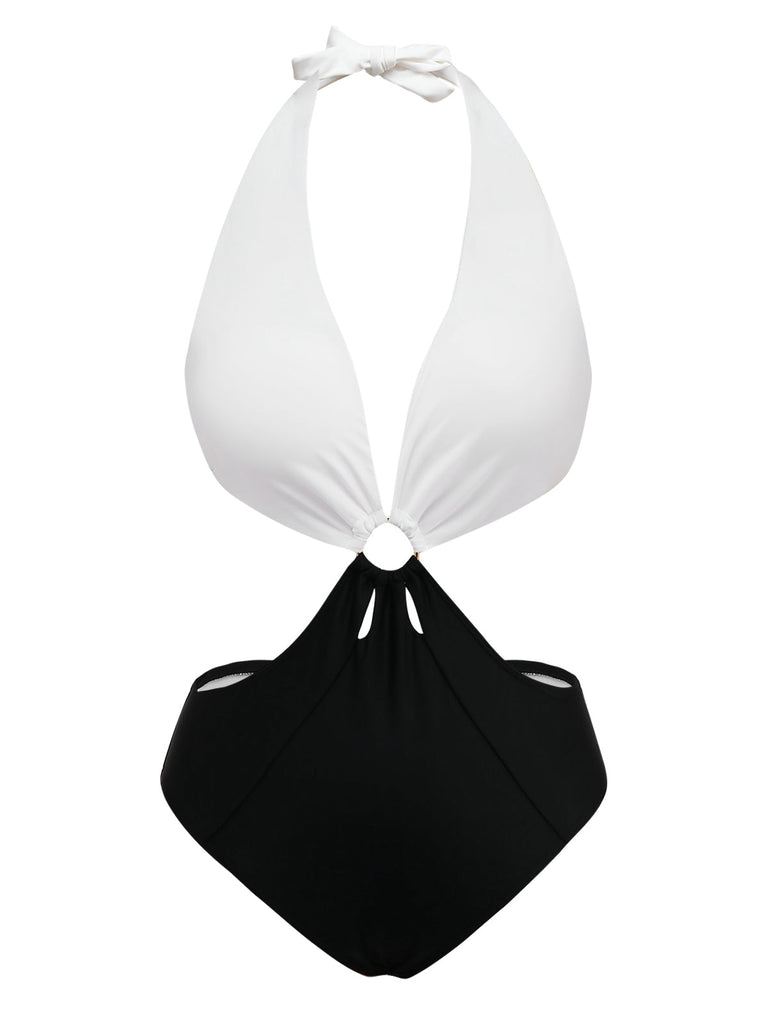 Weiß 1960er Halfter Tief V-Ausschnitt Badeanzug