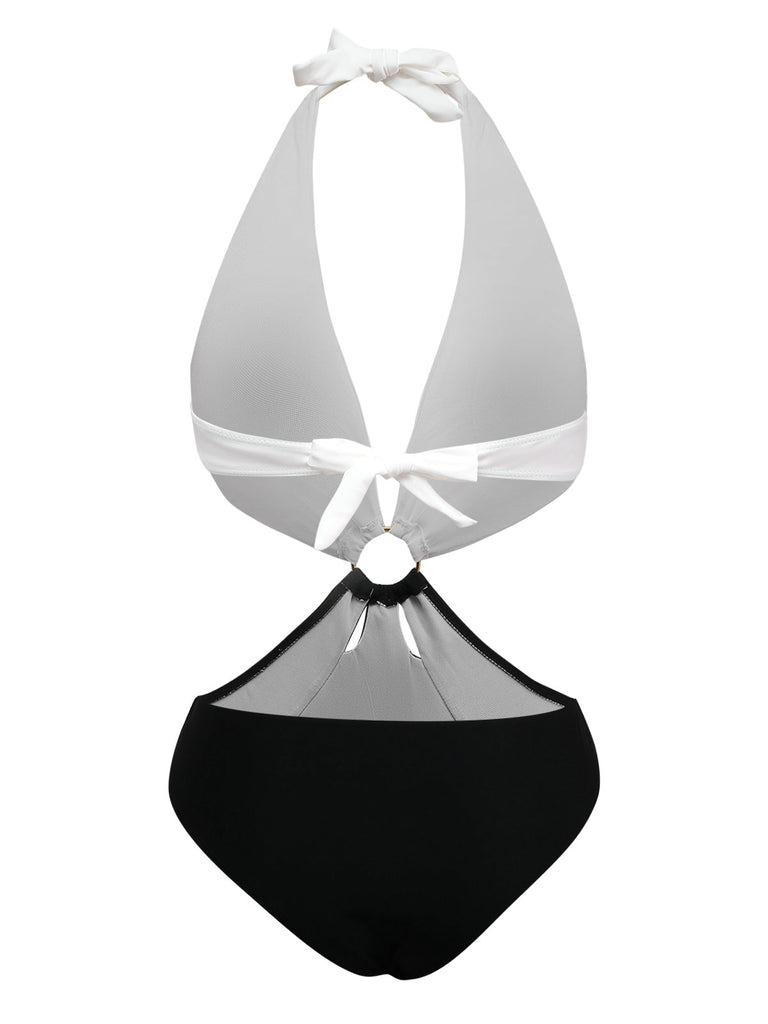 Weiß 1960er Halfter Tief V-Ausschnitt Badeanzug