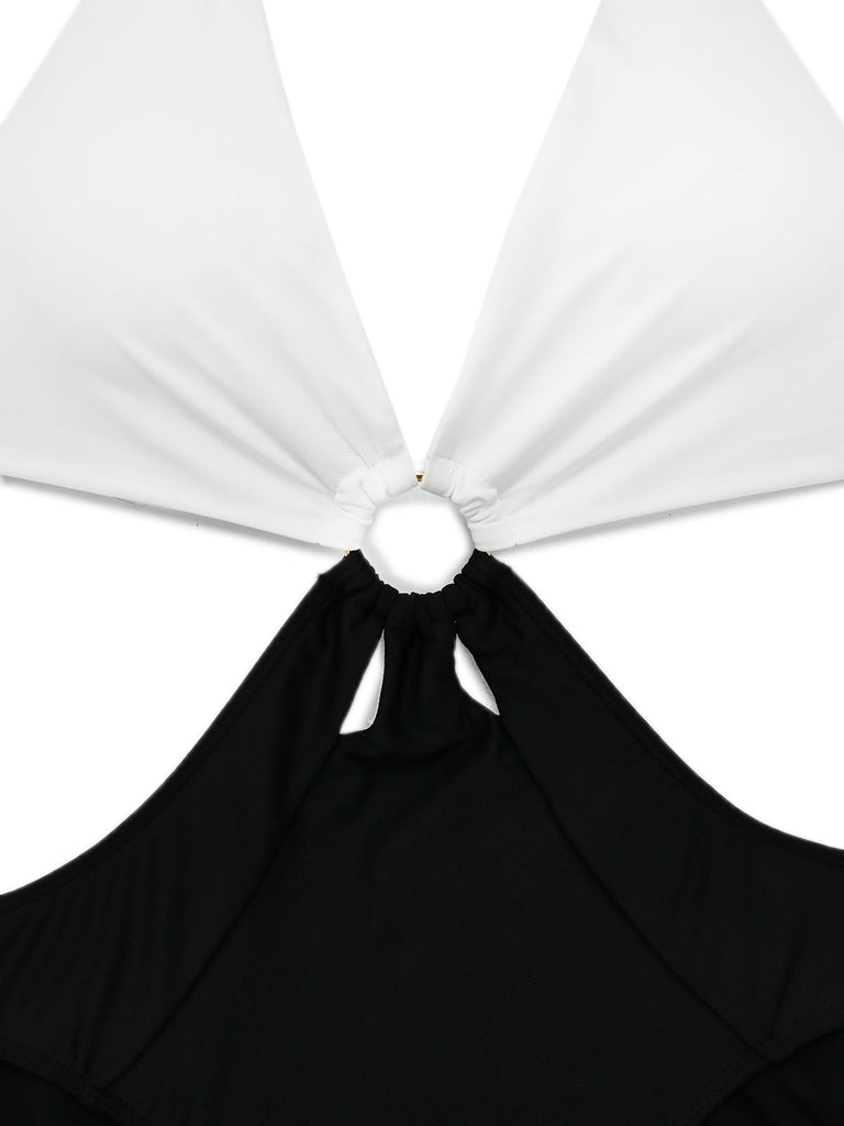 Weiß 1960er Halfter Tief V-Ausschnitt Badeanzug