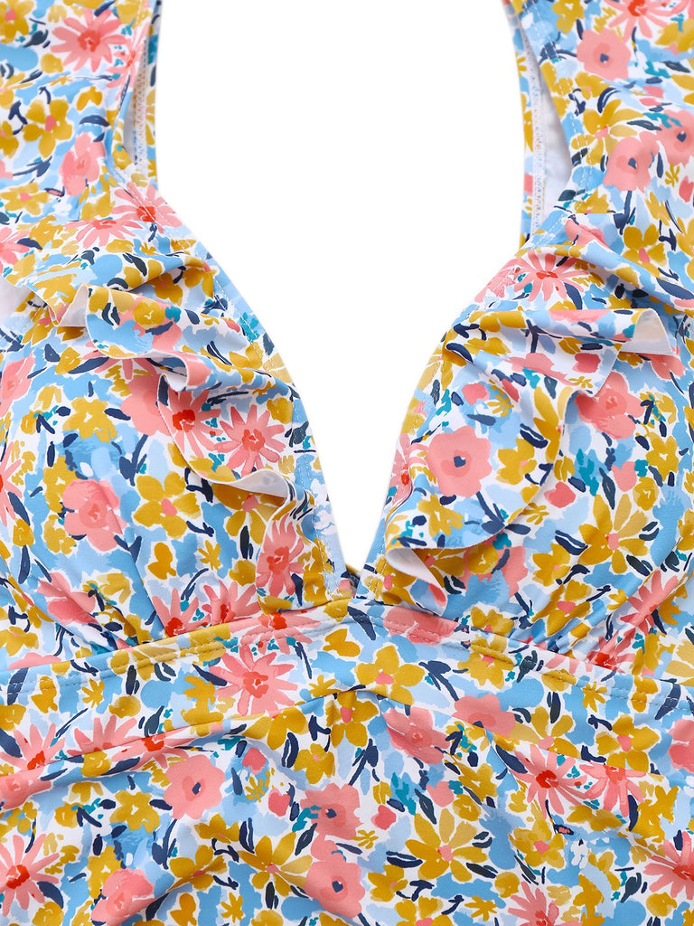 1950er Rüschen Kleine Blumen Tief V-Ausschnitt Badeanzug