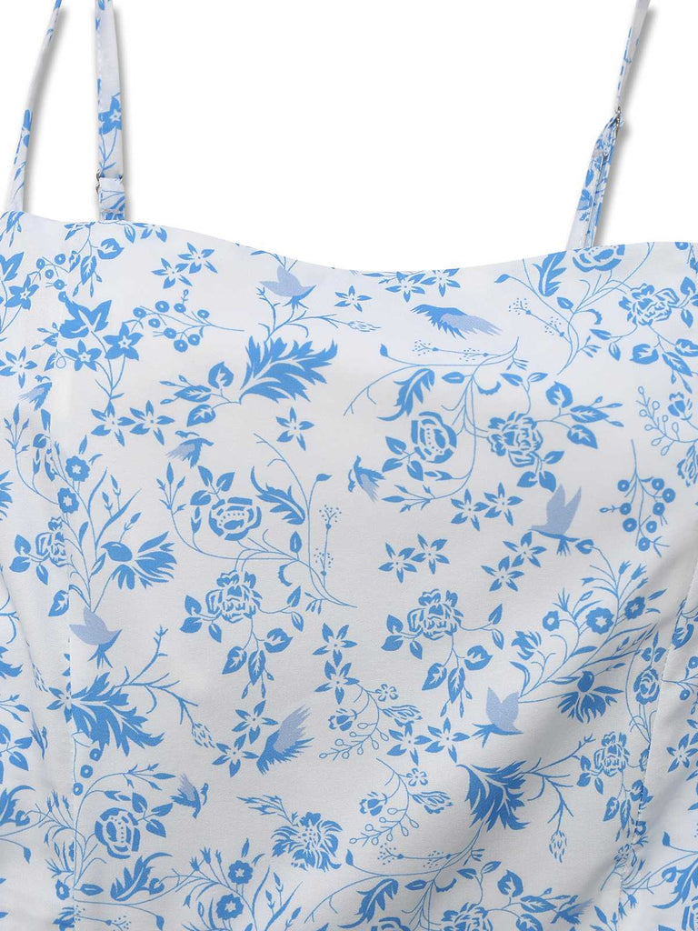 Blau 1970er Spaghetti Träger Blumen Stufenkleid