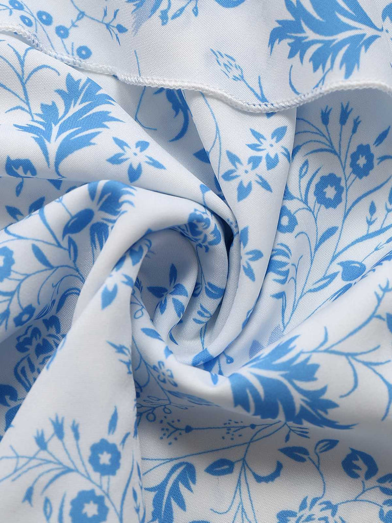 Blau 1970er Spaghetti Träger Blumen Stufenkleid