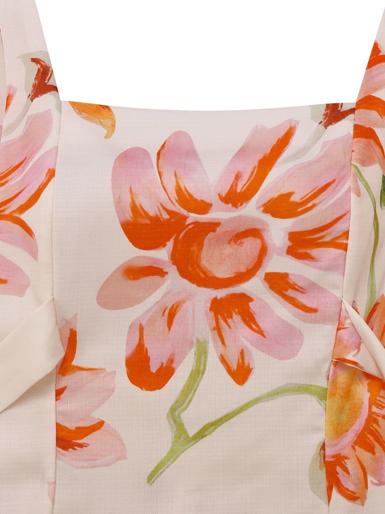 Multicolor 1940er Blumen Rückenfrei Breit-Träger Kleid