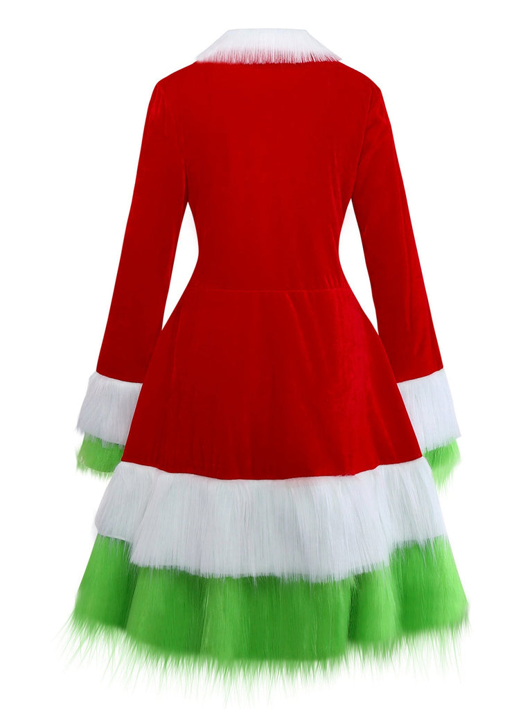 Rot & Grün 1940er Weihnachten Grinch Pelzbesatz Kleid