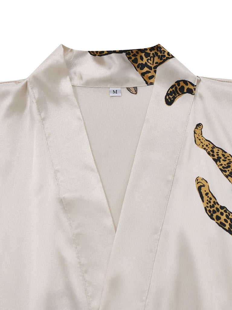 1950er Leopard Druck Satin Morgenmantel mit Gürtel