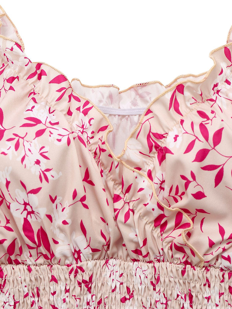 Rosa 1940er V-Ausschnitt Blumen Puffärmel Kleid