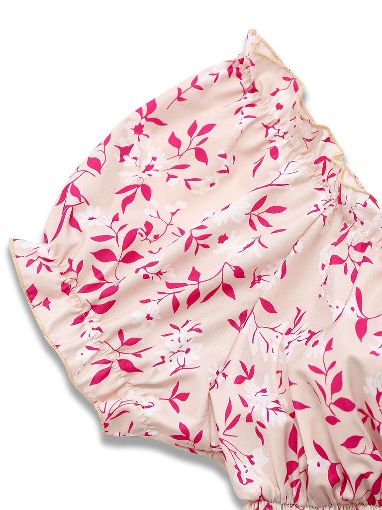 Rosa 1940er V-Ausschnitt Blumen Puffärmel Kleid