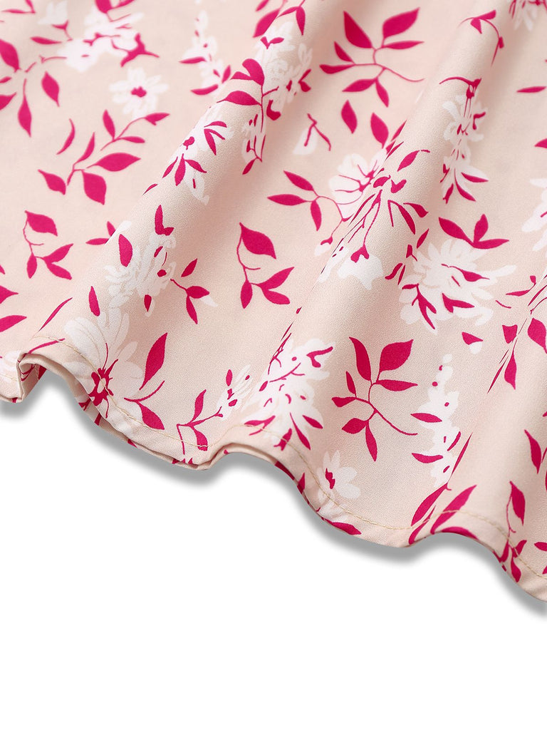 Rosa 1940er V-Ausschnitt Blumen Puffärmel Kleid