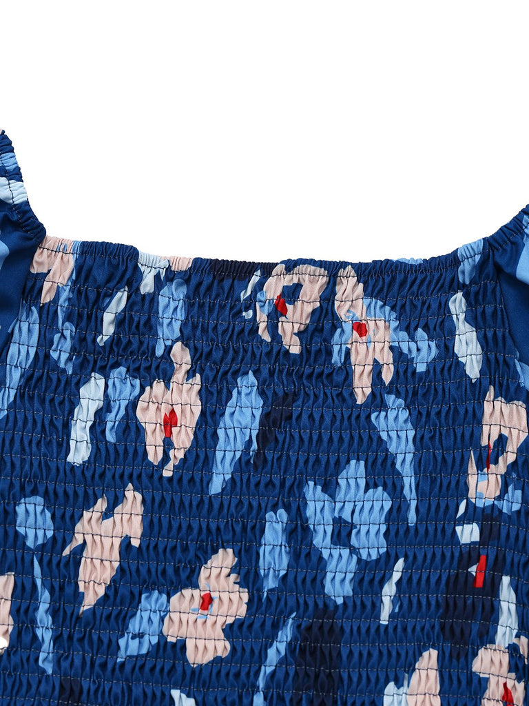 Blau 1940er Blumen Puffärmel Schulterfrei Kleid