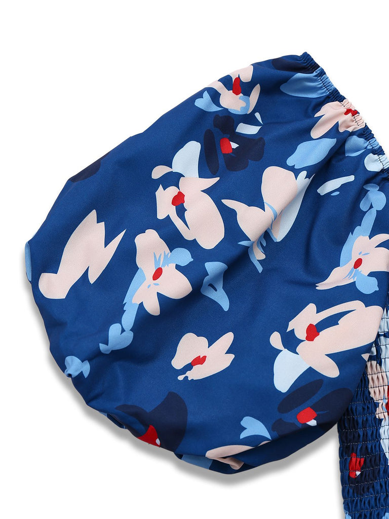 Blau 1940er Blumen Puffärmel Schulterfrei Kleid