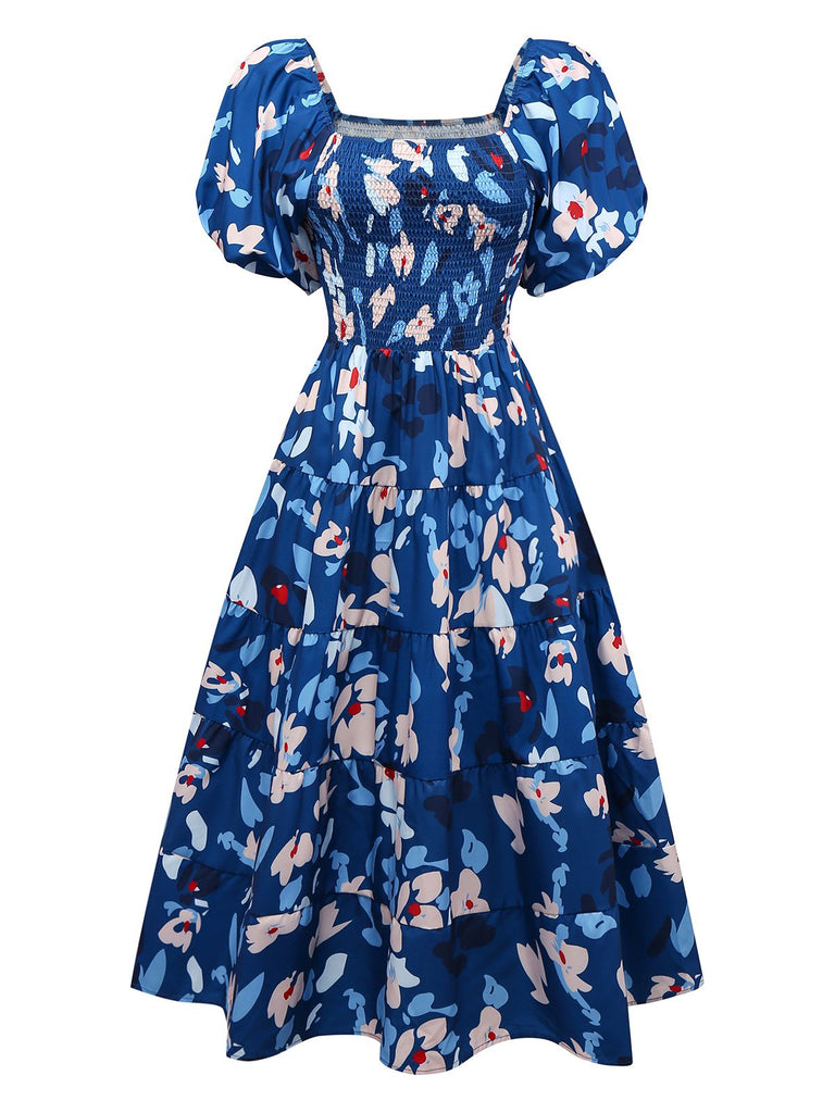 Blau 1940er Blumen Puffärmel Schulterfrei Kleid