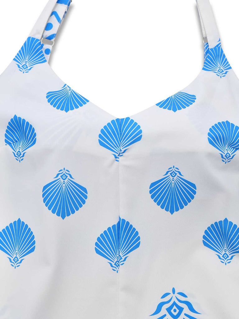 Blau 1930er Spaghetti Träger Muscheldruck Gürtel Jumpsuit