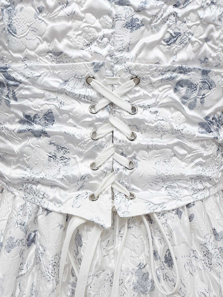 1940er Blumen Crinkle-Jacquard Schnürung Kleid