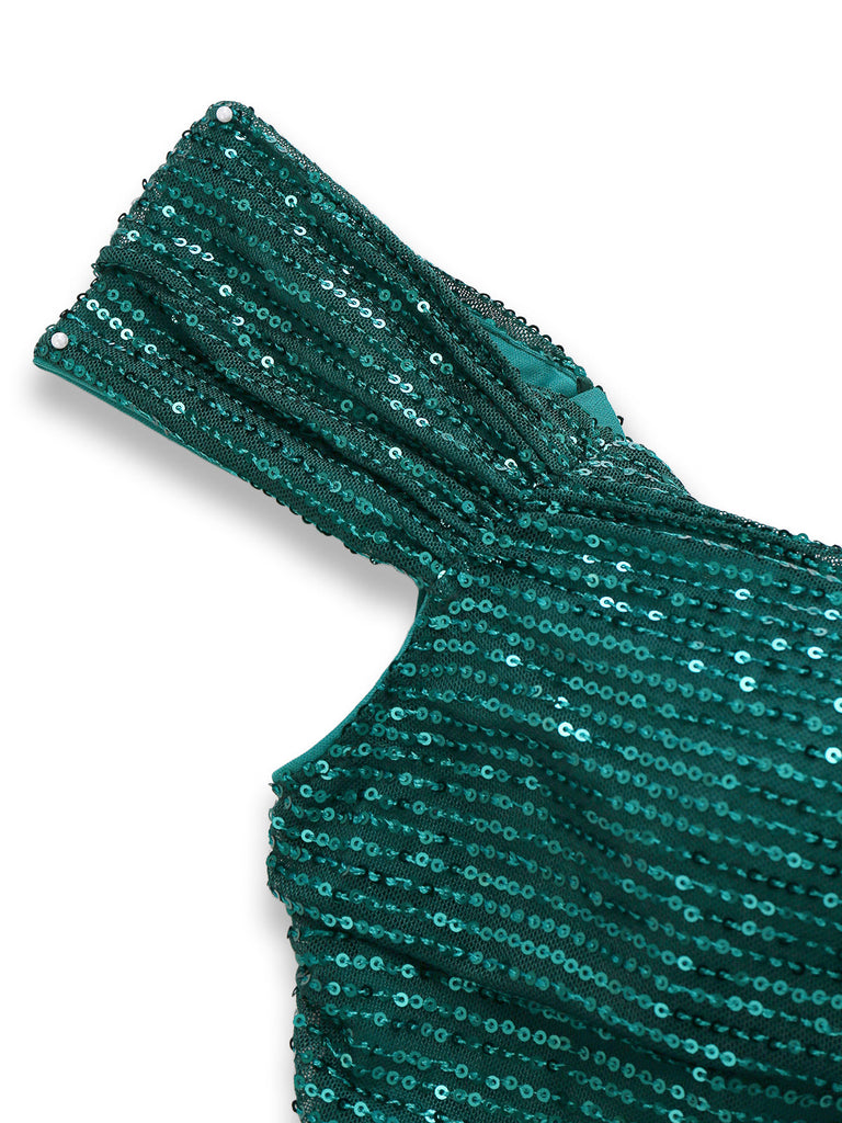 1930er Schulterfrei Glitzer Schlitz Maxi Kleid