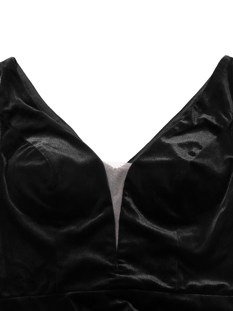 Schwarzes 80er Meerjungfrauenkleid mit Blumen und Rüschen