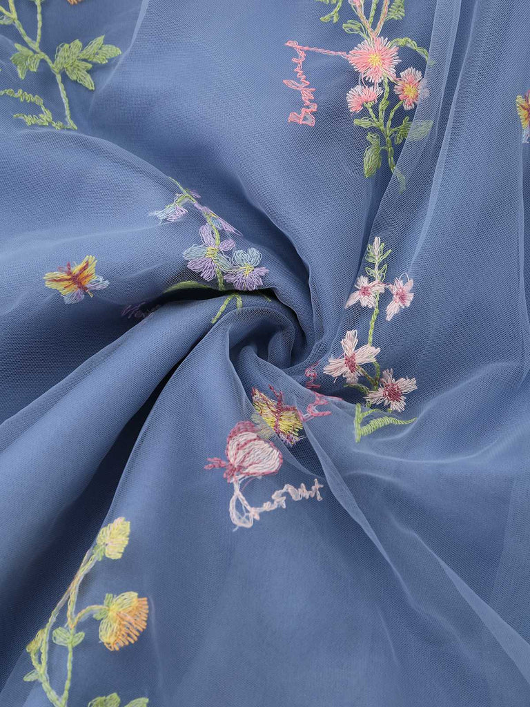 Blau 1930er Blumen Bestickt Netz Langarm Kleid