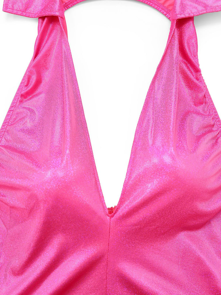 Rosa 1970er Metallisch Tief V-Ausschnitt Disko Jumpsuit