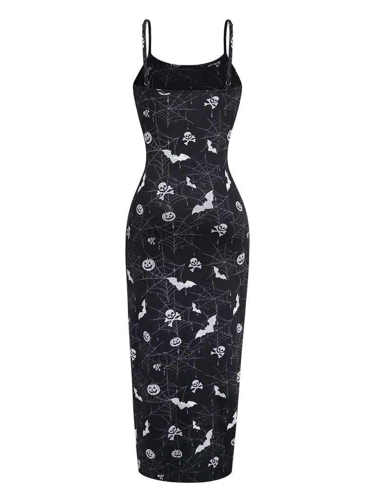 Schwarz 1960er Halloween Schlitz Midi Kleid