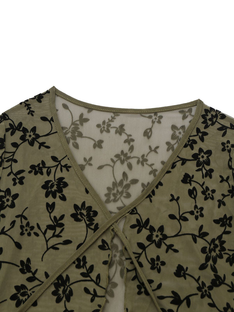 1980er Sheer Botanischer Druck Schnürung Cardigan