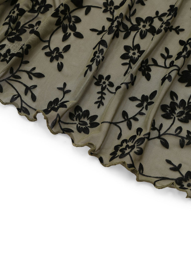 1980er Sheer Botanischer Druck Schnürung Cardigan