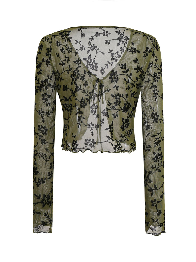 1980er Sheer Botanischer Druck Schnürung Cardigan