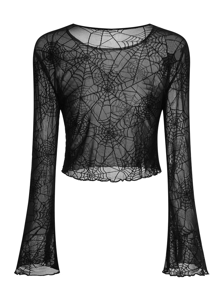 Schwarz 1970er Durchsichtig Spinnennetz Bischof Ärmel Top