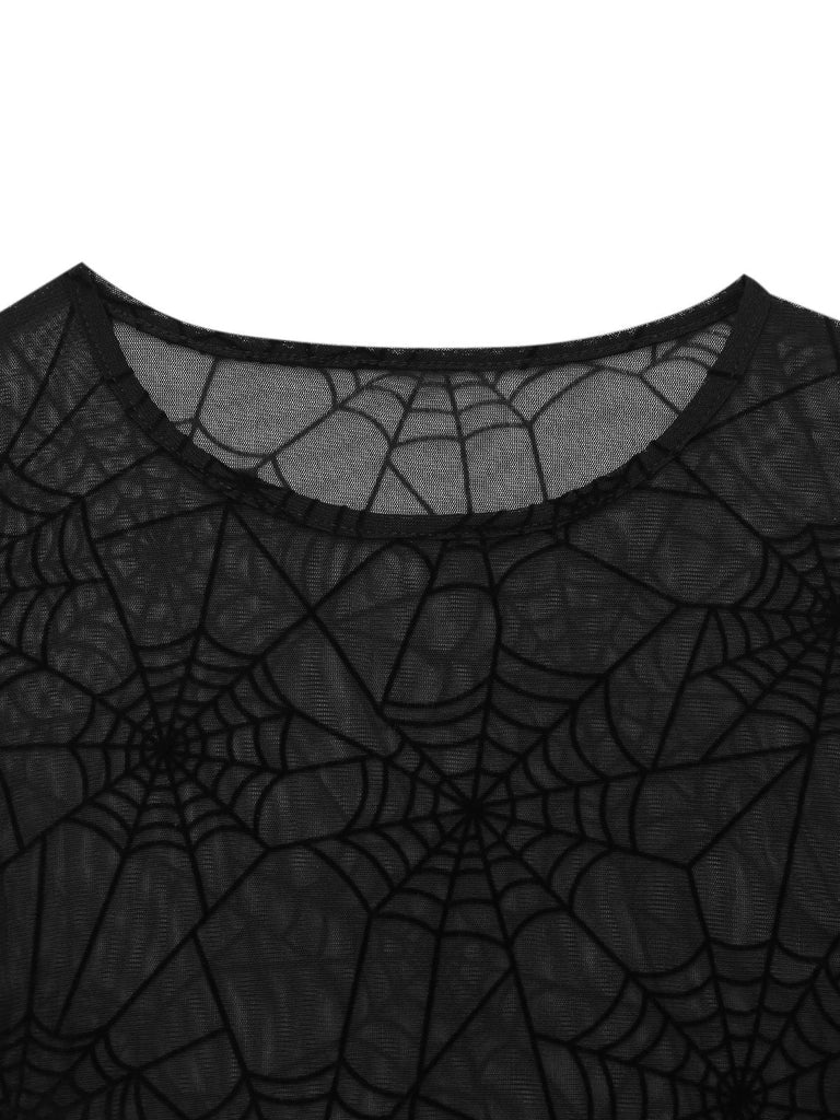 Schwarz 1970er Durchsichtig Spinnennetz Bischof Ärmel Top