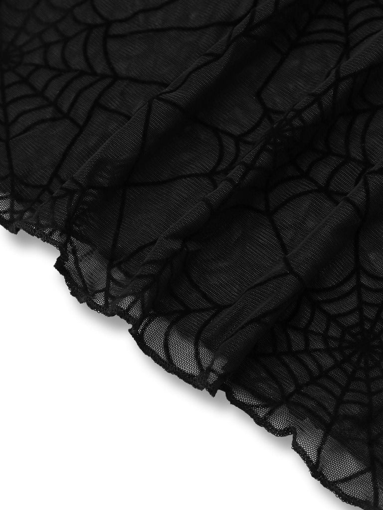 Schwarz 1970er Durchsichtig Spinnennetz Bischof Ärmel Top