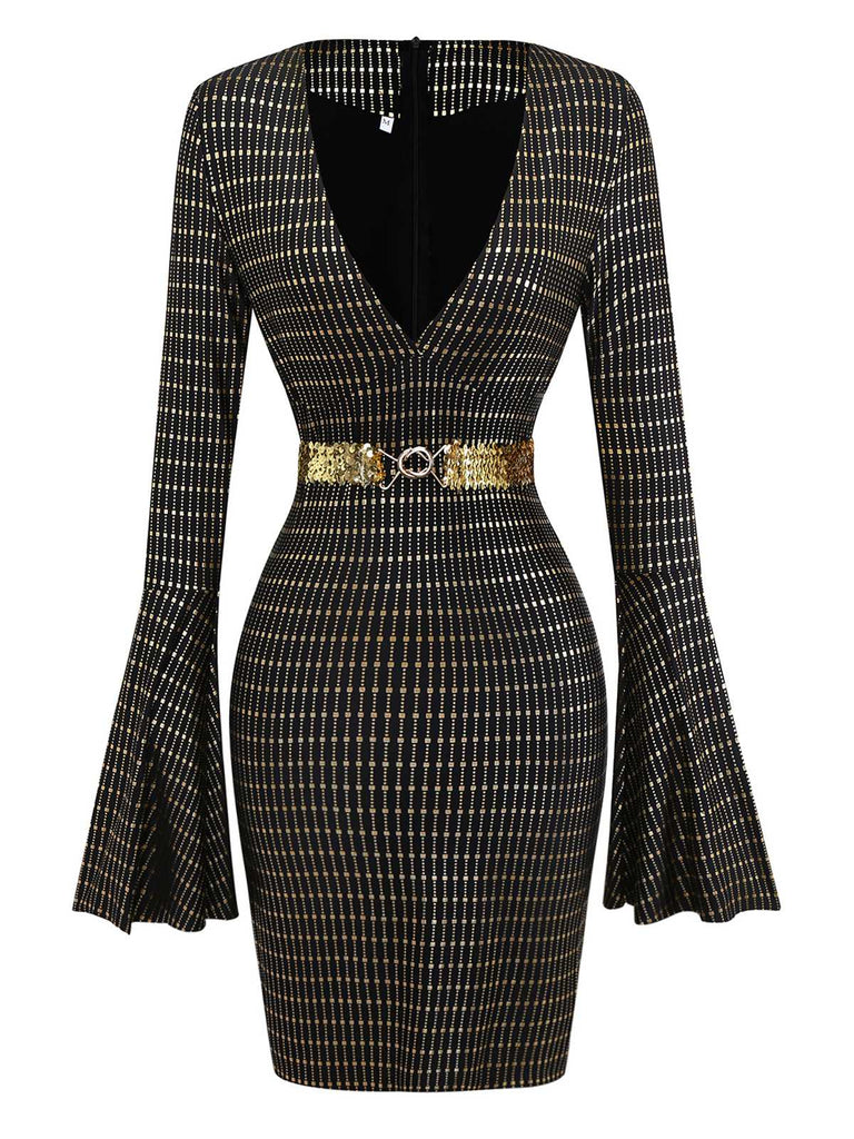 Schwarz 1970er Glockenärmel Sheer Gürtel Disco Kleid