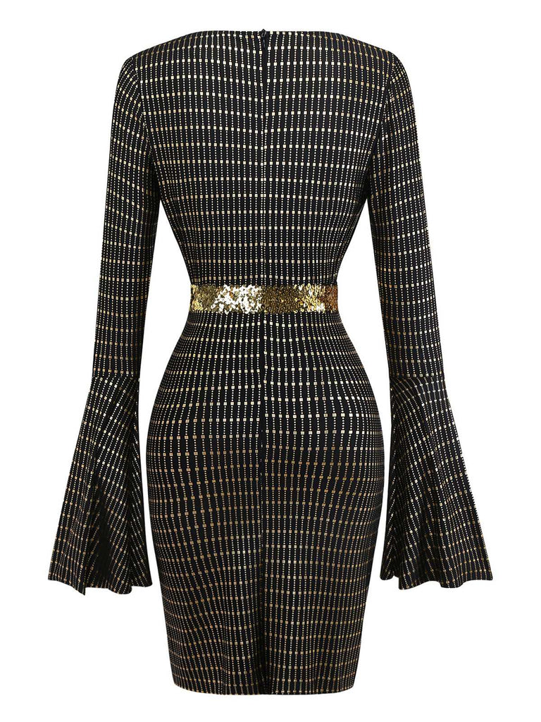 Schwarz 1970er Glockenärmel Sheer Gürtel Disco Kleid