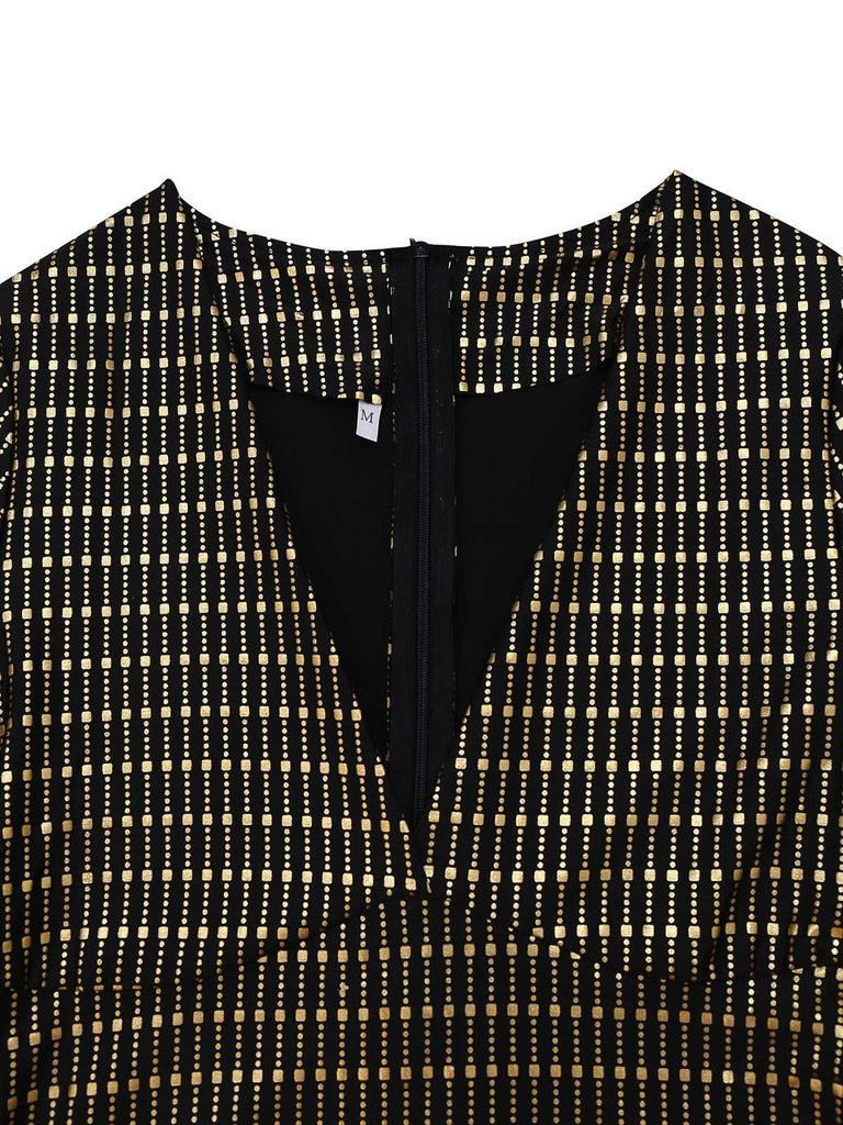 Schwarz 1970er Glockenärmel Sheer Gürtel Disco Kleid