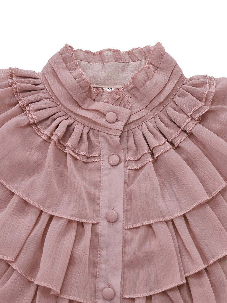 Rosa 1980er Chiffon Rüschen Hochhals Bluse