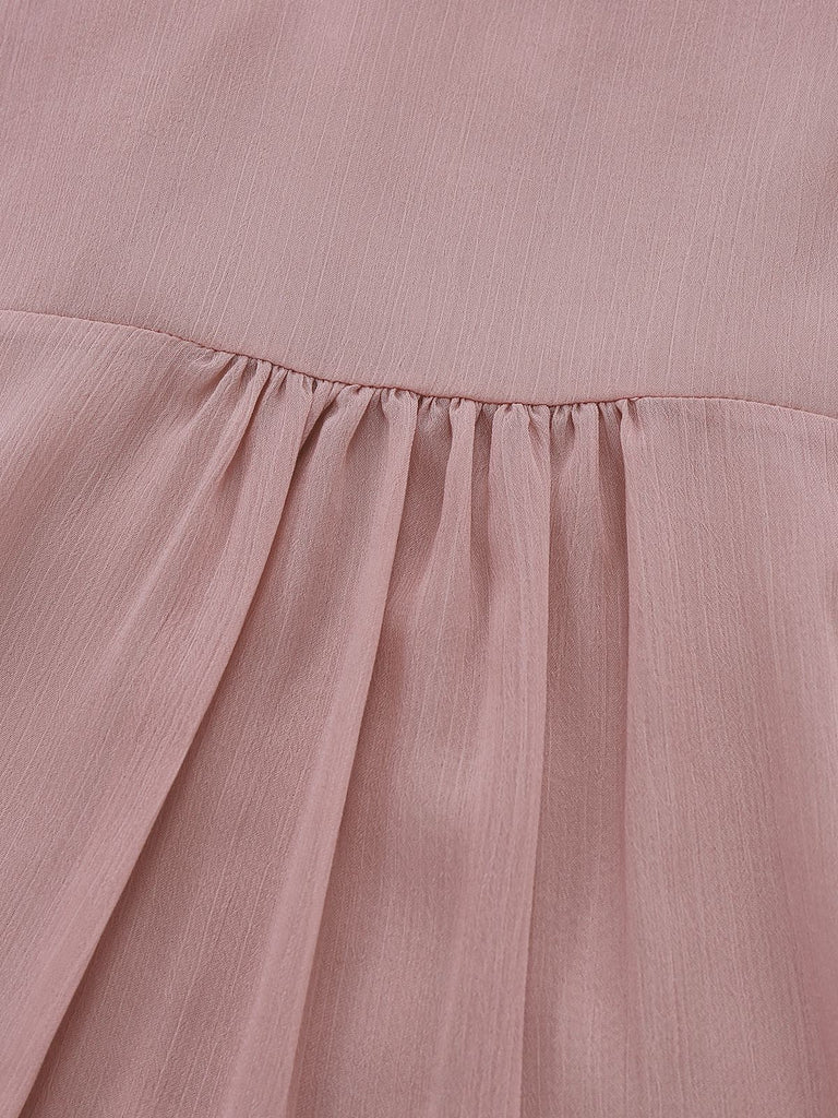 Rosa 1980er Chiffon Rüschen Hochhals Bluse