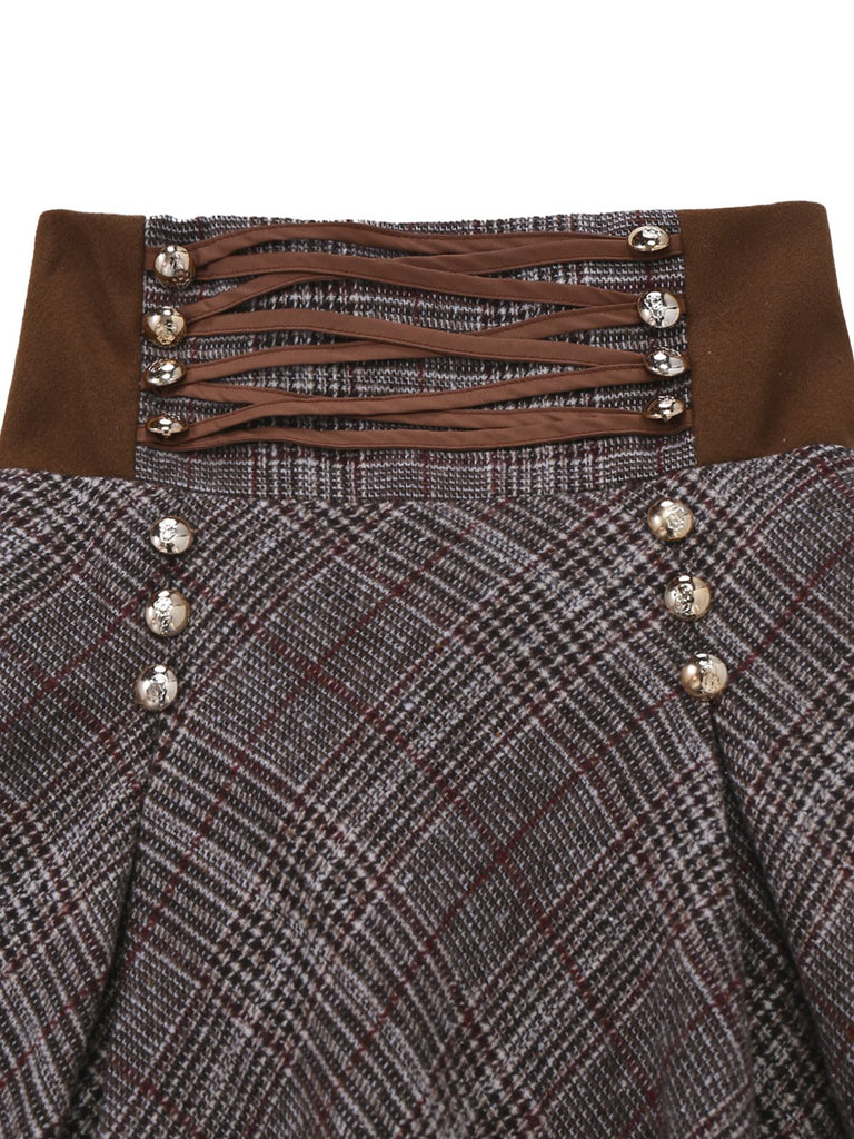 2PCS 1980er Chiffon Rüschen Hochhals Bluse & Schnürung Plaid Rock