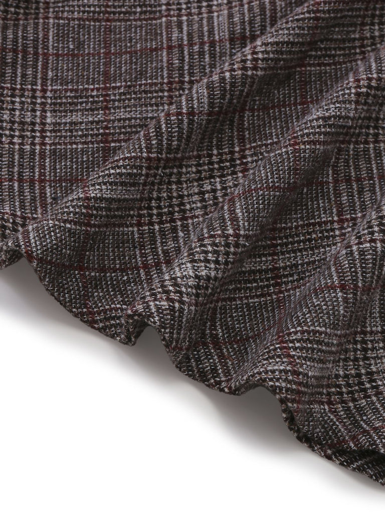 2PCS 1980er Chiffon Rüschen Hochhals Bluse & Schnürung Plaid Rock