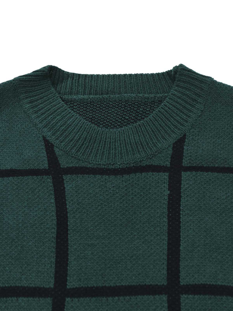 Grün 1960er Rundausschnitt Kariert Stricken Pullover Kleid