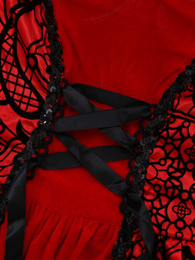 2PCS Rot 1980er Samt Spitze Pailletten Trägerlos Kleid & Cape