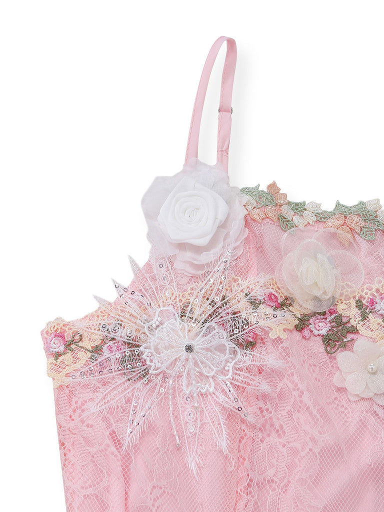 Rosa 1940er Blumen Spitze Spaghetti-Strap Maxi Kleid