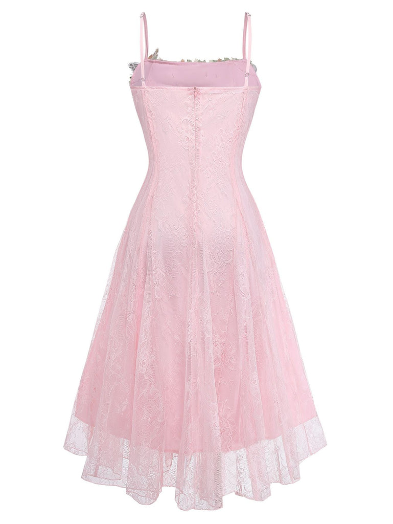 Rosa 1940er Blumen Spitze Spaghetti-Strap Maxi Kleid