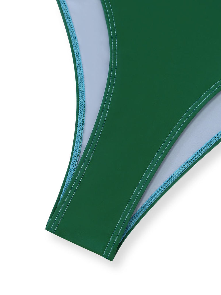 Grün 1930er Gerafft Einteiliger Badeanzug