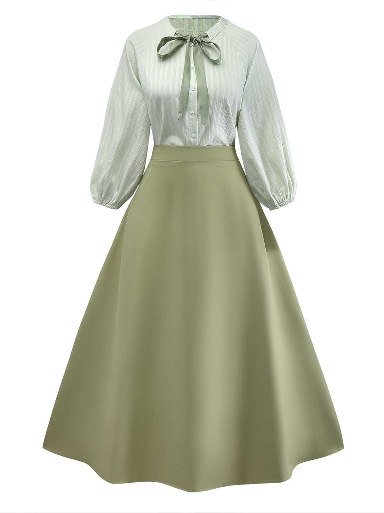 2PCS Grün 1980er Bindehals Bluse & Solide Rock