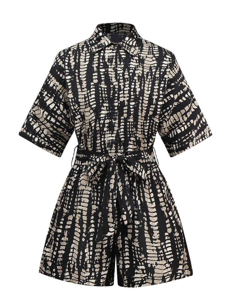 1950er Drucken Tie-Taille Shirt Romper