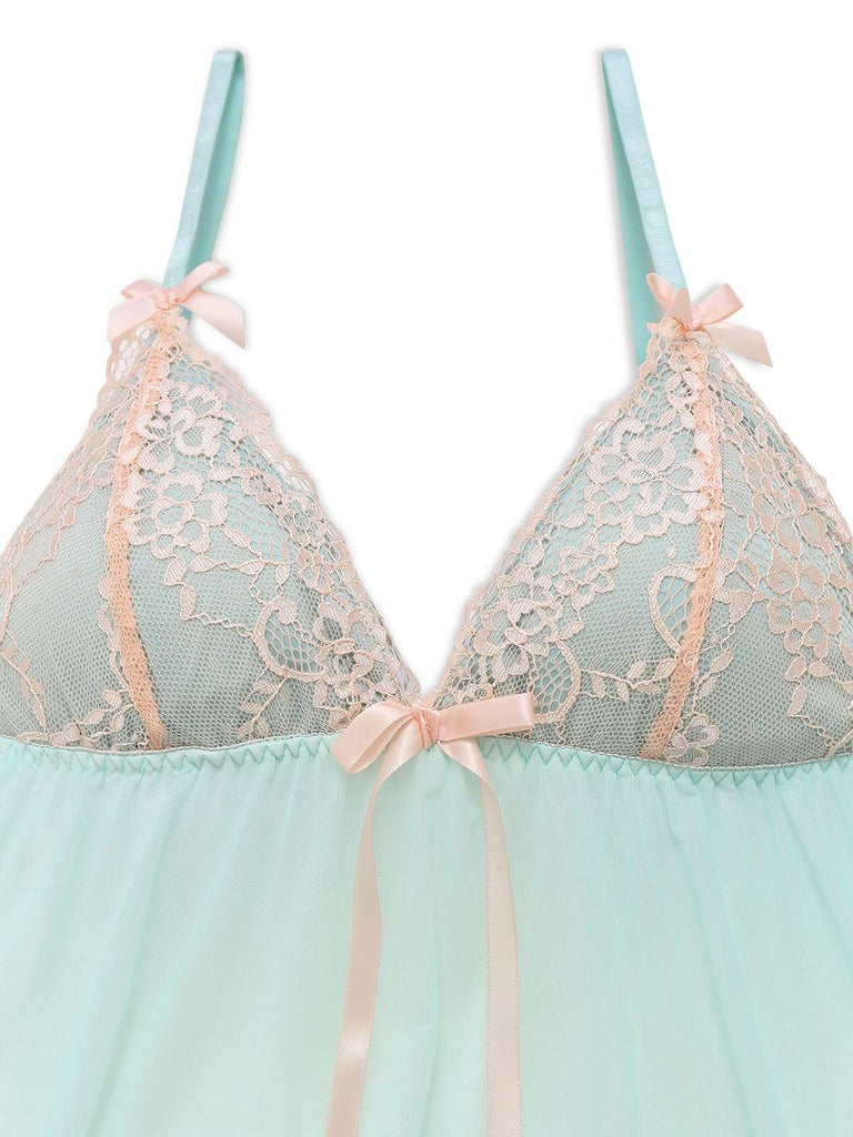 Grün 1960er Netz Spitze Patchwork Bogen Träger Nachthemd