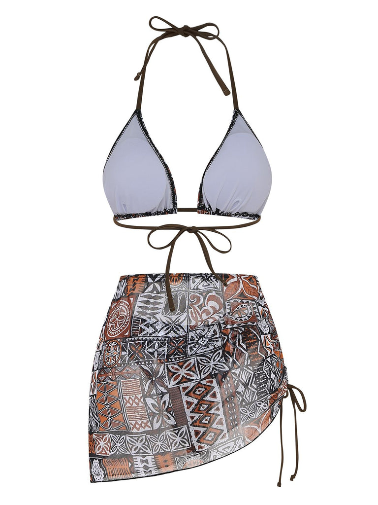 3PCS Kaffee 1970er Ethno Muster Bikini Set & Cover-Up