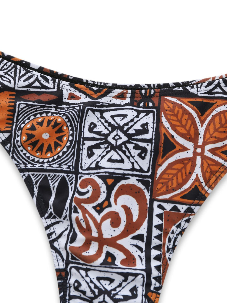 3PCS Kaffee 1970er Ethno Muster Bikini Set & Cover-Up
