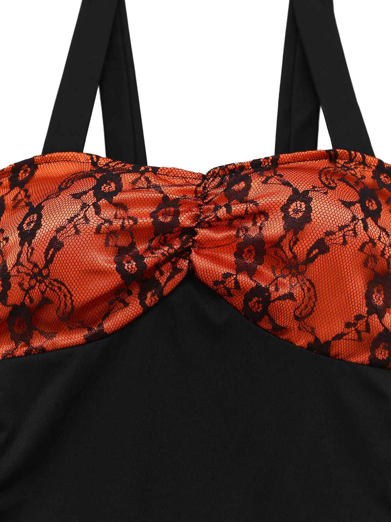 Orange 1940er Blumen Spitze Kleid mit Cape & Hut