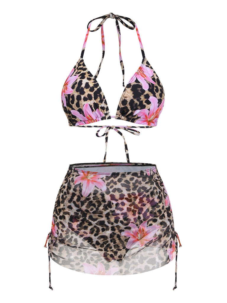 3PCS 1960er Leopard Druck Blumen Bikini Set & Cover Up