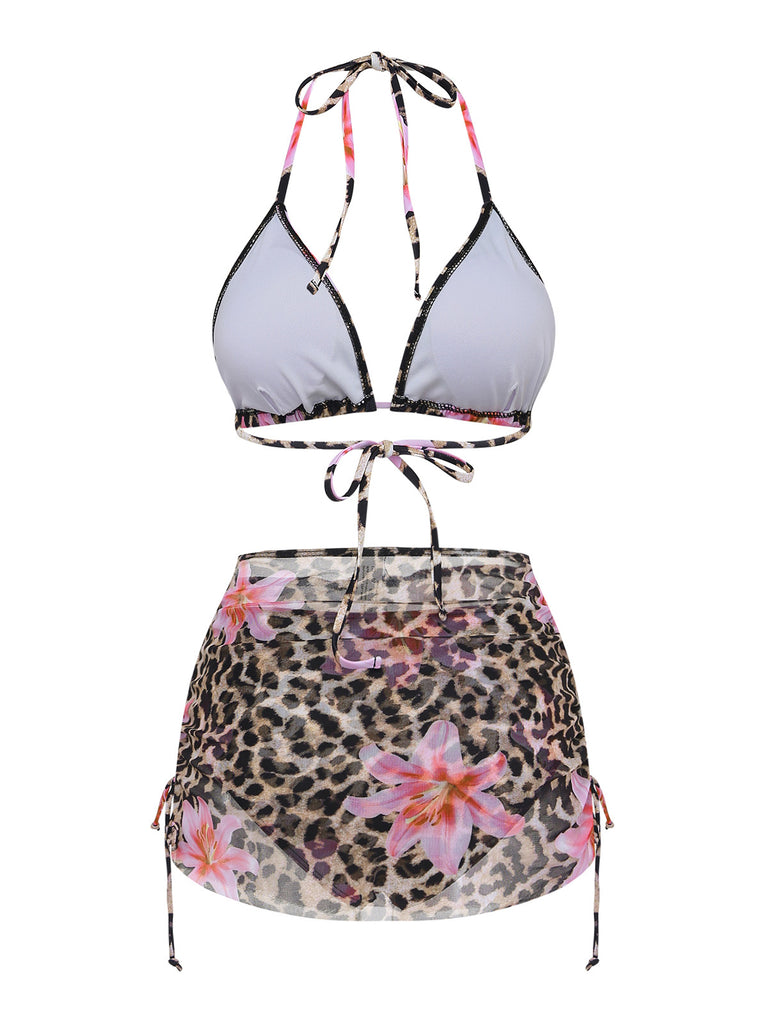 3PCS 1960er Leopard Druck Blumen Bikini Set & Cover Up