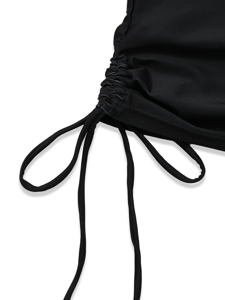 Schwarz 1980er Steampunk Halter Skeleton Rose Bademode