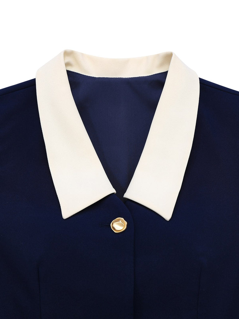 Dunkelblau 1960er Kontrast Rohe Manschetten Tasten Kleid